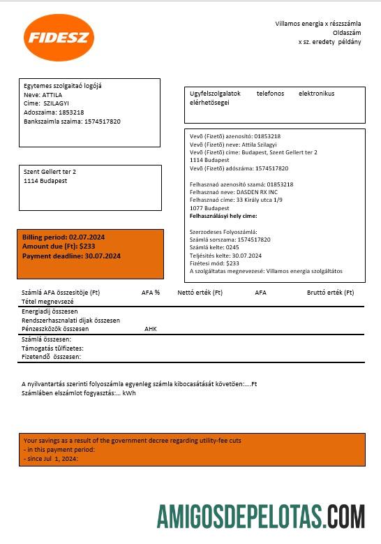para download Hungria FIDESZ Modelo de fatura de serviços públicos fácil de preencher em formatos Word e PDF